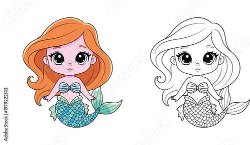 Cute chibi mermaid character vector illustration. Color and black and white line art outline suitable for kids coloring book page.
