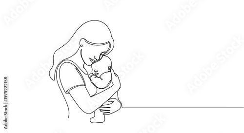 Loving Mother Gently Holding Her Baby in a Continuous Line Art Portrait
