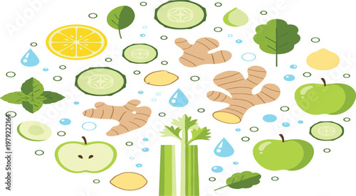 Detox Ingredients Collection with Green Apple Ginger Lemon Cucumber Celery and Fresh Leaves for Healthy Juice Cleanse Nutrition Concept.