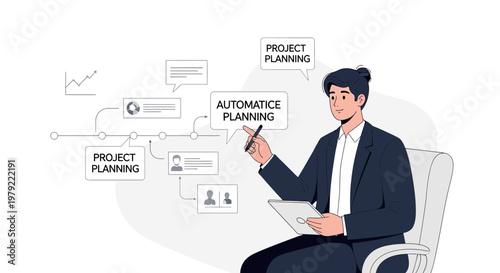 Businessman planning project with flowchart and automatic planning tools