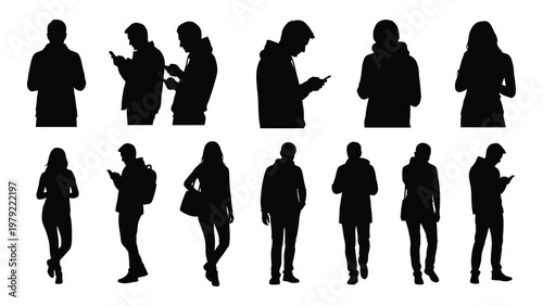 A collection of black silhouettes depicting diverse people using smartphones and engaging in everyday activities high quality professional detailed modern elegant