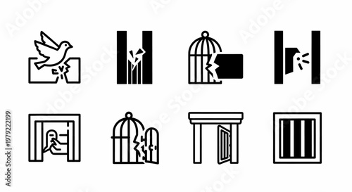 Freedom Icons Representing Escape and New Opportunities Through Broken Barriers and Open Doors
