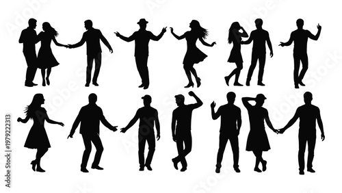 A collection of black silhouette figures depicting diverse people in various poses including dancing and interacting high quality professional detailed modern