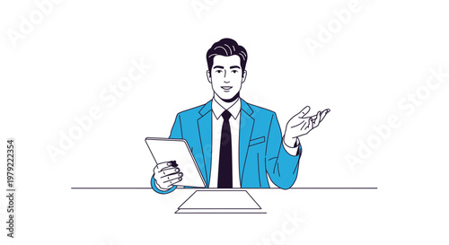 Businessman presenting with tablet, modern office, professional communication, blue suit