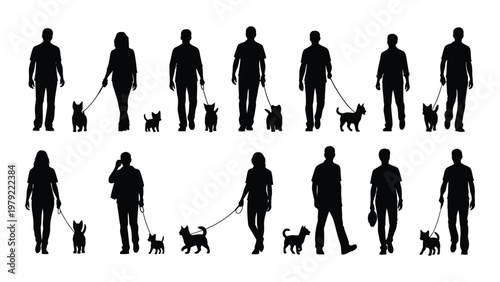 A collection of black silhouettes depicting people walking their small dogs on leashes in a simple minimalist style high quality professional