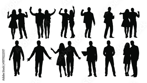 A collection of black silhouettes depicting diverse pairs and groups of people in various celebratory and interacting poses high quality professional