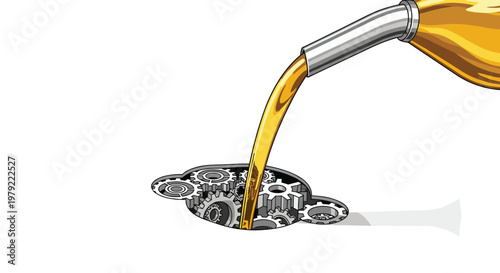 A metallic nozzle pours viscous golden lubricant into a dark circular opening containing complex interlocking mechanical gears against a pristine white background.