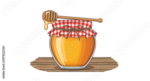A rustic glass jar covered with a red checkered cloth lid sits upon a textured wooden plank while a wooden dipper rests across the top of the container.