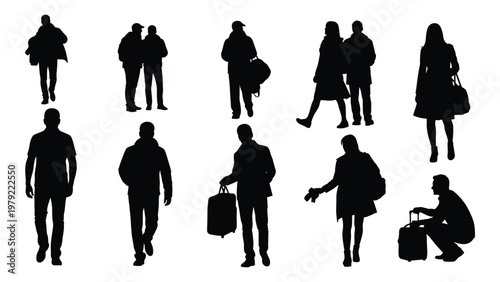 A collection of black silhouettes depicts diverse people in various poses suggesting everyday life and movement high quality professional detailed modern