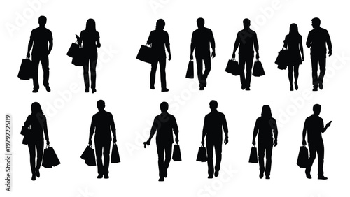 A collection of silhouetted figures predominantly people carrying shopping bags suggesting a busy retail environment high quality professional detailed modern elegant