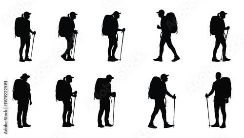 A series of black silhouettes depicts hikers with backpacks and trekking poles showcasing various walking poses high quality professional detailed modern