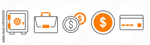 A set of 5 mix icons as locker, portfolio, cash