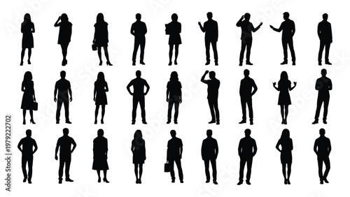 A collection of twenty six black silhouettes depicts diverse individuals in various casual poses and stances against a white background