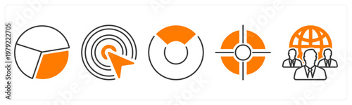 A set of 5 mix icons as pie chart, dartboard, focus