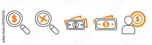 A set of 5 mix icons as search money, zoom, cash
