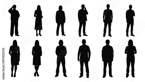 A collection of twelve black silhouettes depicting people in various stances facing forward against a plain white background high quality professional