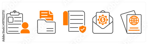 A set of 5 mix icons as user details, folder, authorship