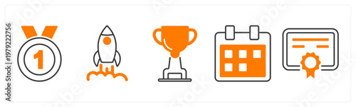 A set of 5 mix icons as medal, launch, trophy