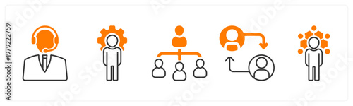 A set of 5 mix icons as customer support, business management, business hierarchy