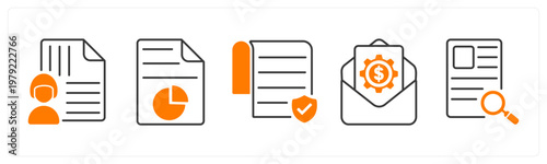 A set of 5 mix icons as managed document, report chart, authorship