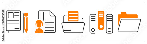 A set of 5 mix icons as article writing, managed document, folder
