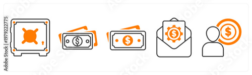 A set of 5 mix icons as locker, cash, increment lette