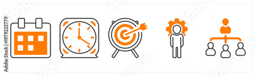 A set of 5 mix icons as schedule, clock, target