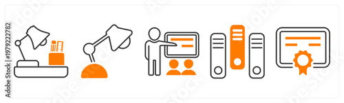 A set of 5 mix icons as study table, study lamp, lecture