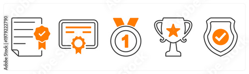 A set of 5 mix icons as certificate, medal,  trophy