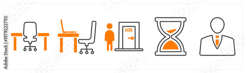 A set of 5 mix icons as office table, human resources, sandglass
