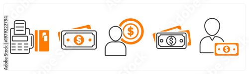 A set of 5 mix icons as card swipe machine, cash, accountant