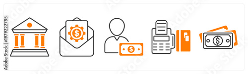 A set of 5 mix icons as bank, increment letter, cashier