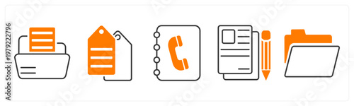 A set of 5 mix icons as folder, tag, contact book, article writing
