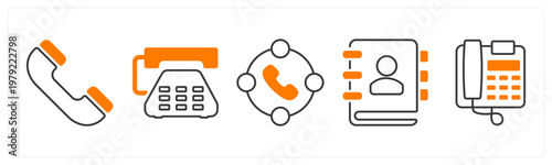 A set of 5 mix icons as calling, landline, contact book,