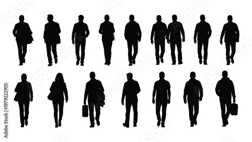 A collection of black silhouettes depicting diverse people walking including business professionals and casual individuals high quality professional detailed modern elegant