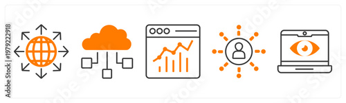 A set of 5 mix icons as worldwide, cloud computing, online analytics