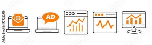 A set of 5 mix icons as online mail, business advertising, online analytics
