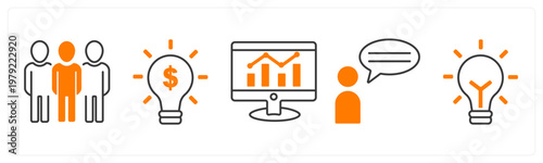 A set of 5 mix icons as team, financial idea, online analytics