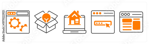 A set of 5 mix icons as webpage settings, open box, real estate