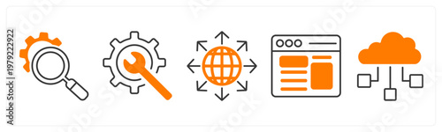 A set of 5 mix icons as search configuration, repair tools, worldwide