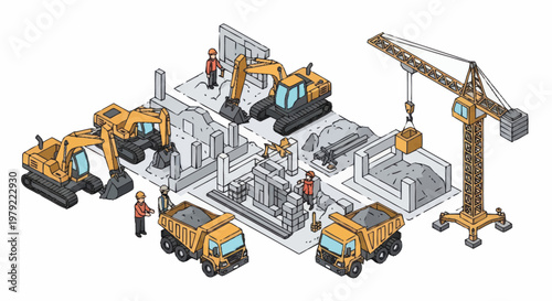 Construction site with excavators dump trucks and crane isometric view.