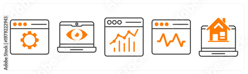 A set of 5 mix icons as webpage settings, web designing, online analytics