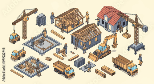 Construction site with buildings and machinery isometric view.