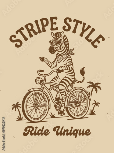 Zebra riding a bicycle freely outdoors.
