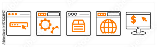 A set of 5 mix icons as web design, webpage settings, webpage details