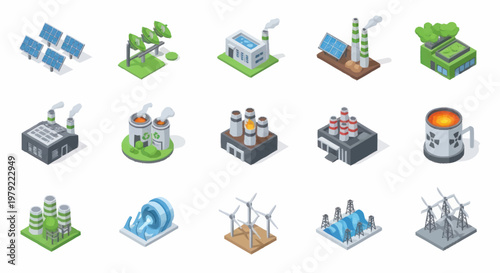 Industrial factory and energy production icons set isometric.