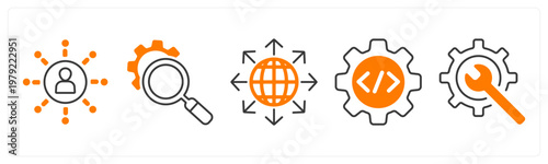 A set of 5 mix icons as connectivity, search configuration, worldwide