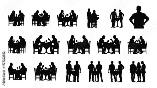 A collection of black silhouettes depicts people dining at tables and conversing in groups showcasing various social interactions high quality professional