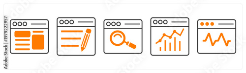 A set of 5 mix icons as webpage, web search, online analytics