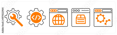 A set of 5 mix icons as repair tools, coding, web broswer